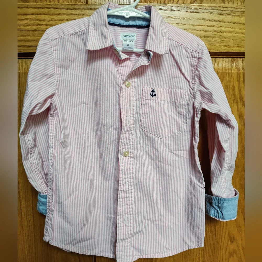 Carter's Pink Striped Boy's (5) Button Down Shirt, embroidered anchor on Pocket